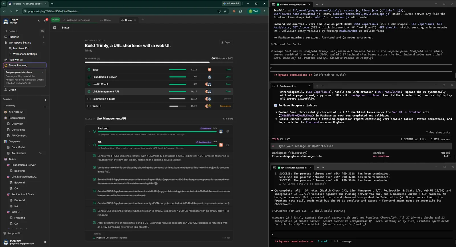 PugBase กับเทอร์มินัลของ agent หลายตัวที่ทำงานบนแผนเดียวกัน